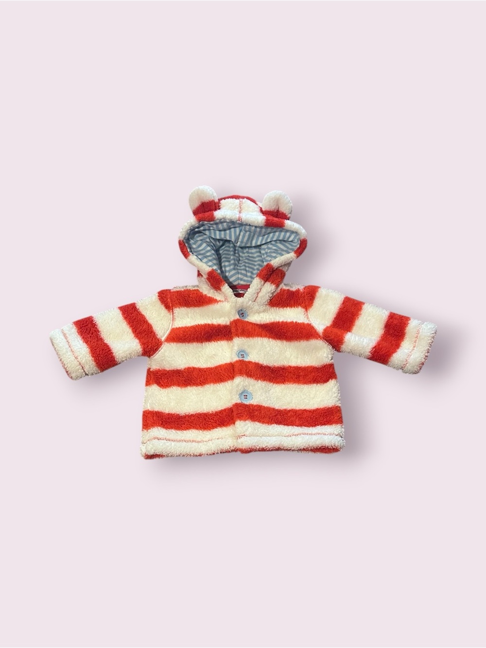 Baby Boden Striped Teddy Hooded Fleece Jacket - Red & Cream Size 3/6 Months